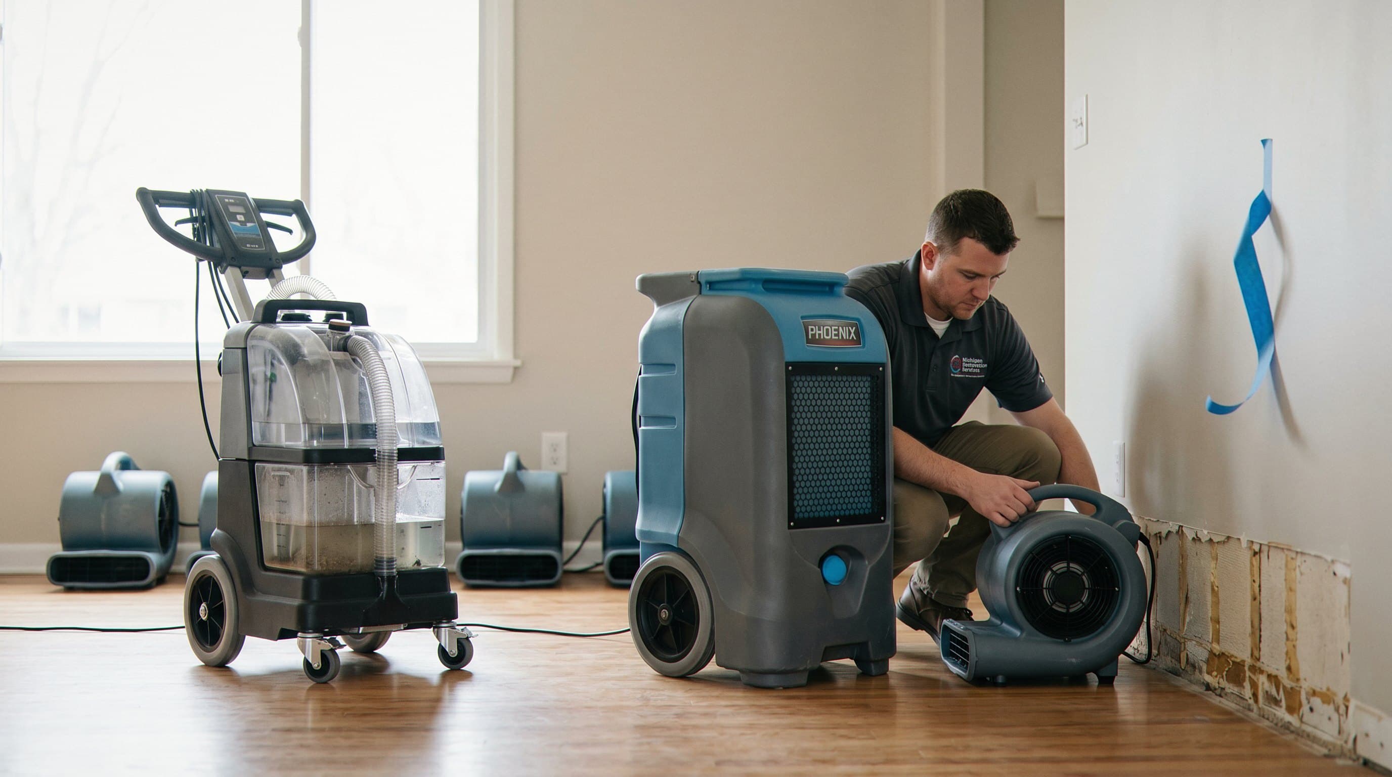 Air movers and dehumidifiers drying.
